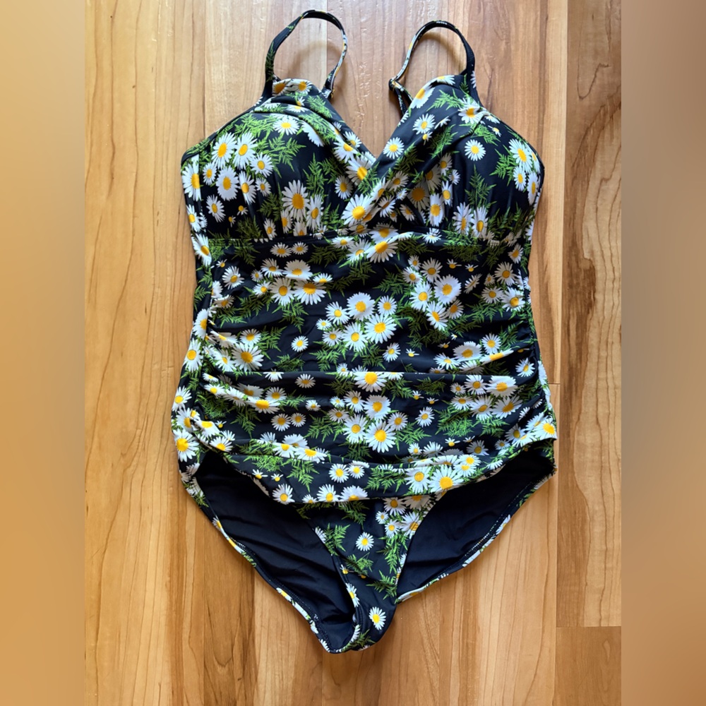 One-Piece Swimsuit - Black with White & Yellow Daisies size 14
